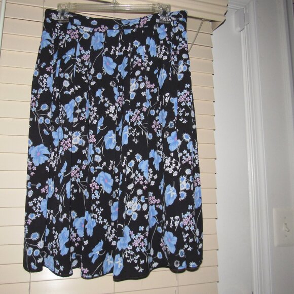 Talbots Black Blue Floral A-Line Midi Skirt Size 8 Lined Feminine Romantic - Picture 3 of 5